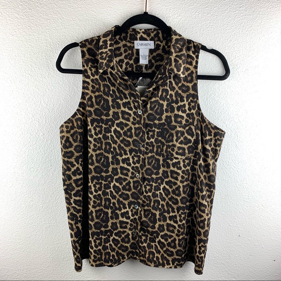 NEW NWT Carmen Marc Valvo leopard flowy tank top blouse black brown shirt - Picture 2 of 4